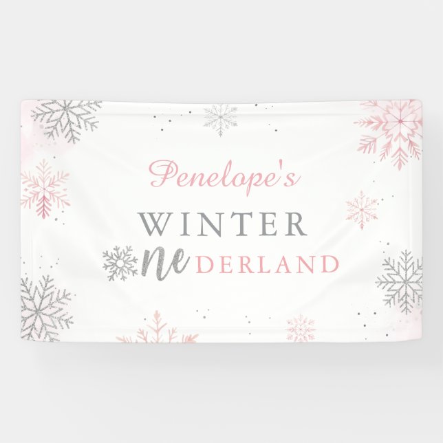 Winter Onederland Pink Silver 1st Birthday Banner (Horizontal)