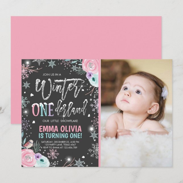 Winter ONEderland Pink Silver 1st Birthday Invitation (Front/Back)