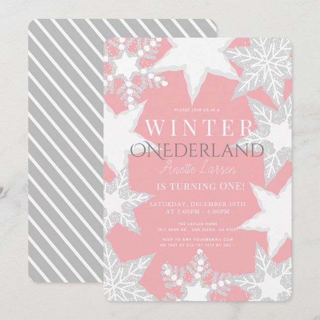 Winter Onederland Pink & Silver 1st Birthday Invitation (Front/Back)