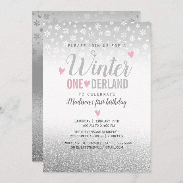 Winter Onederland Pink Silver 1st Birthday Invitation (Front/Back)