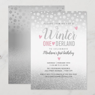 Winter Onederland Pink Silver 1st Birthday Invitation