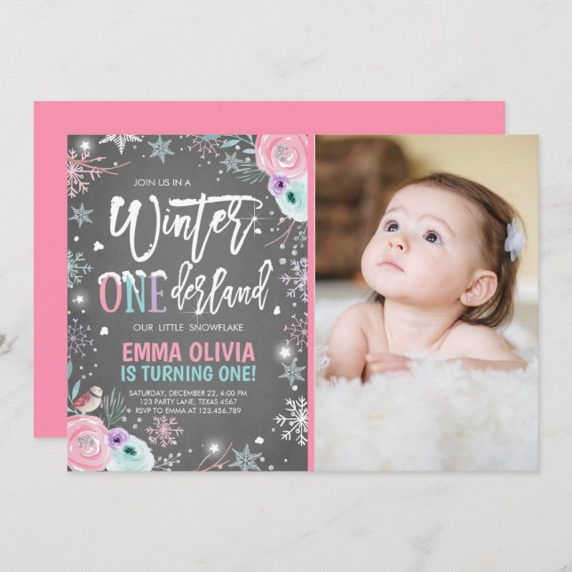 Winter ONEderland Pink Silver 1st Birthday Invitation (Front/Back)