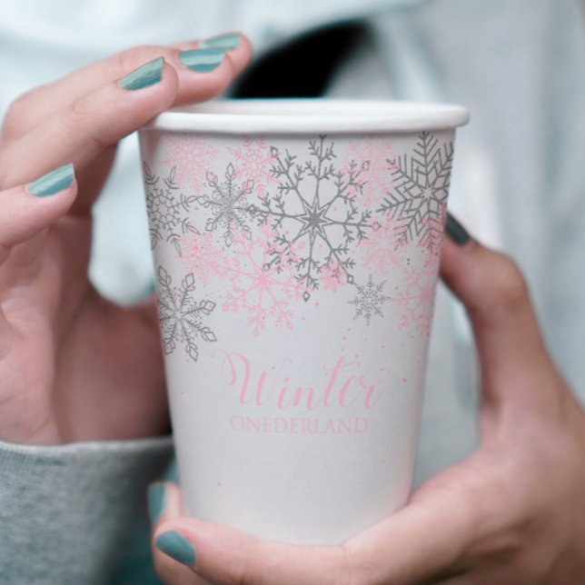 Winter ONEderland pink silver 1st birthday party Paper Cups (Creator Uploaded)