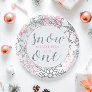 Winter Onederland pink silver 1st birthday party Paper Plate