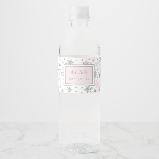 Winter Onederland Pink Silver Birthday Party Water Bottle Label (Front)