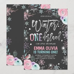 Winter ONEderland Pink Silver Black First Birthday Invitation