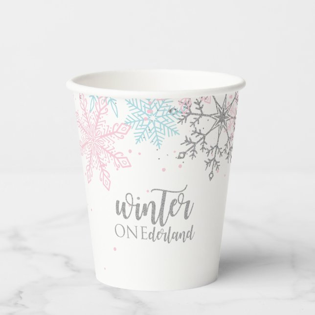 Winter Onederland Pink Silver Blue Snowflakes Paper Cups (Front)