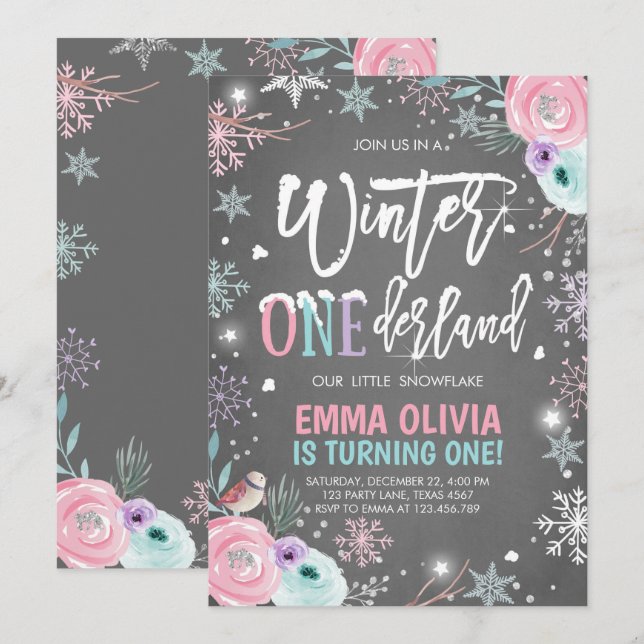Winter ONEderland Pink Silver First Birthday Invitation (Front/Back)