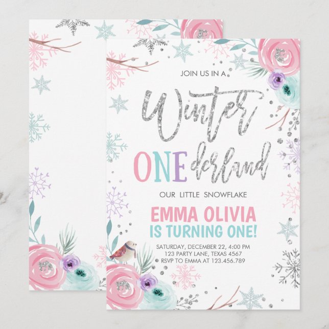 Winter ONEderland Pink Silver First Birthday Invitation (Front/Back)