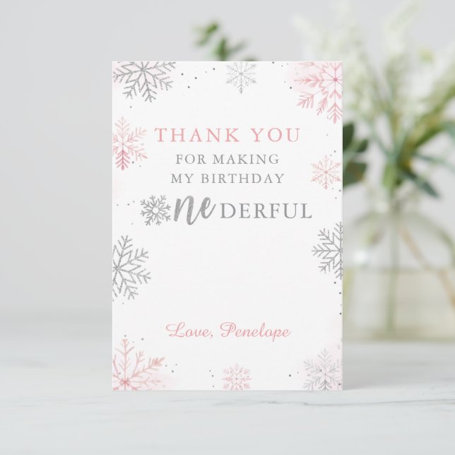 Winter Onederland Pink Silver First Birthday Thank You Card (Standing Front)