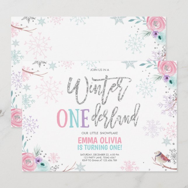 Winter ONEderland Pink Silver Floral 1st Birthday Invitation (Front/Back)