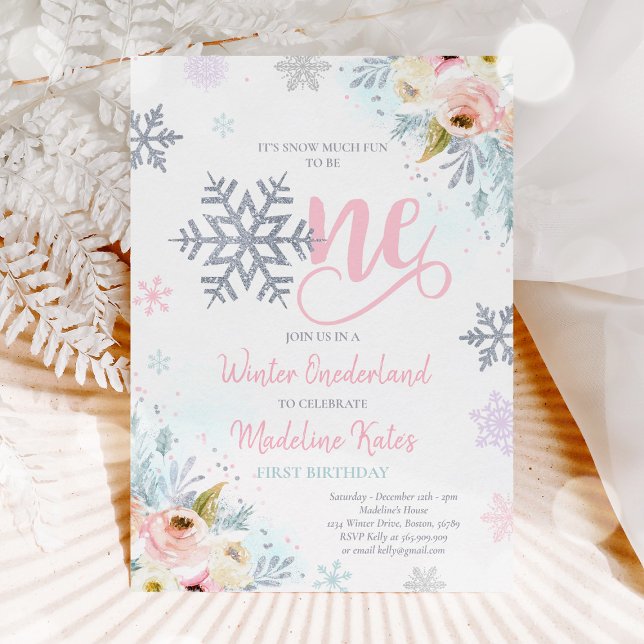 Winter ONEderland Pink Silver Floral 1st Birthday Invitation (Creator Uploaded)