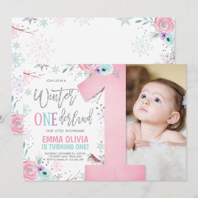 Winter ONEderland Pink Silver Floral 1st Birthday Invitation (Front/Back)