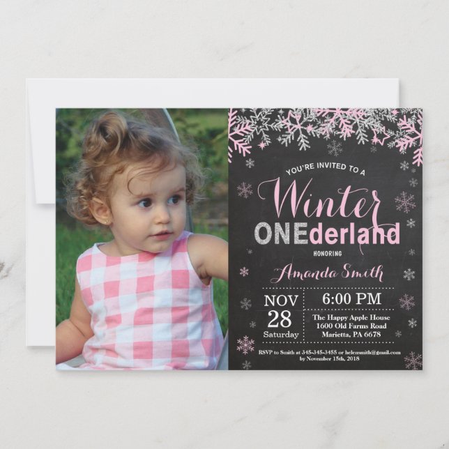 Winter Onederland Pink Silver Girl 1st Birthday Invitation (Front)