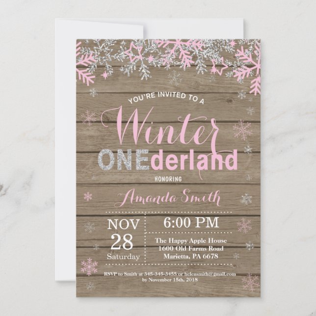 Winter Onederland Pink Silver Girl 1st Birthday Invitation (Front)