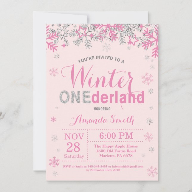 Winter Onederland Pink Silver Girl 1st Birthday Invitation (Front)