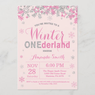 Winter Onederland Pink Silver Girl 1st Birthday Invitation
