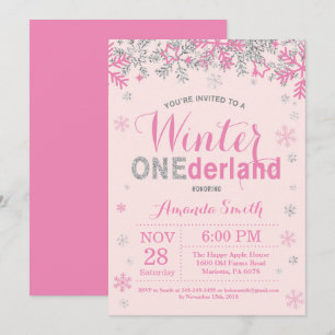 Winter Onederland Pink Silver Girl 1st Birthday Invitation