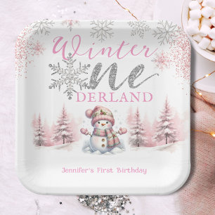 Winter Onederland Pink Silver Glitter 1st Birthday Paper Plate