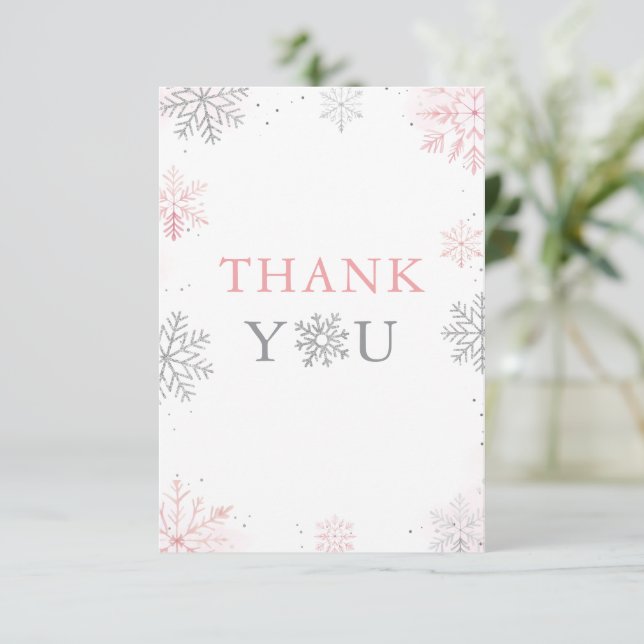 Winter Onederland Pink Silver Glitter 1st Birthday Thank You Card (Standing Front)
