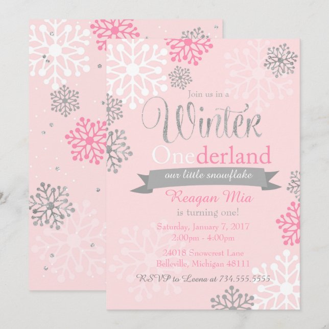 Winter Onederland Pink Silver Glitter Invitation (Front/Back)