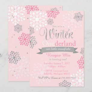 Winter Onederland Pink Silver Glitter Invitation