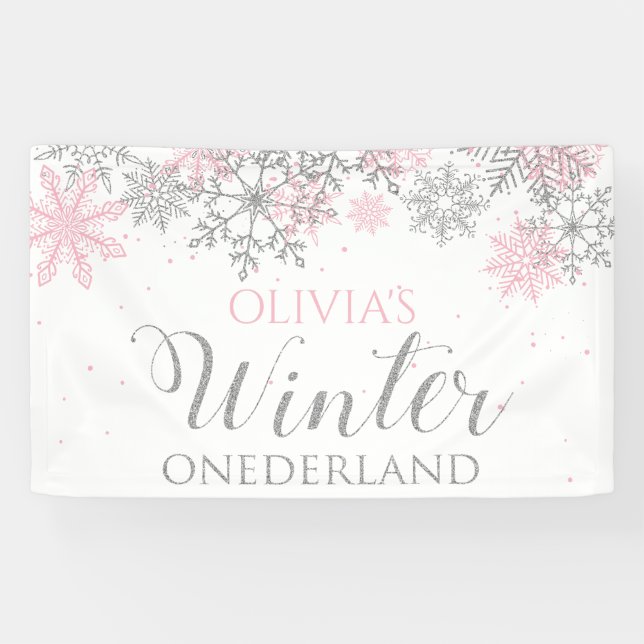 Winter Onederland Pink Silver Snow First Birthday Banner (Horizontal)