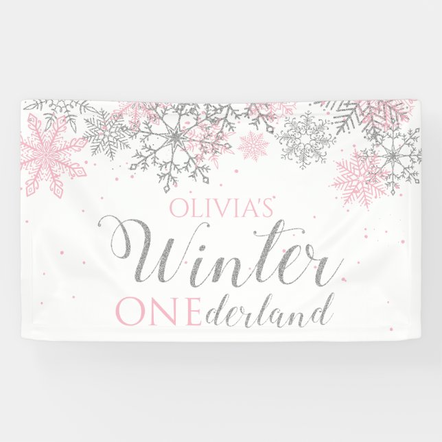 Winter Onederland Pink Silver Snow First Birthday  Banner (Horizontal)