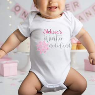 Winter Onederland Pink Silver Snowflake  Baby Bodysuit