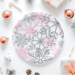 Winter Onederland Pink Silver Snowflake Paper Plate