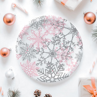 Winter Onederland Pink Silver Snowflake Paper Plate