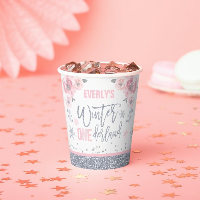 Winter ONEderland Pink Silver Snowflake Party  Paper Cups (Insitu)