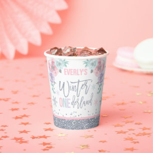 Winter ONEderland Pink Silver Snowflake Party Paper Cups