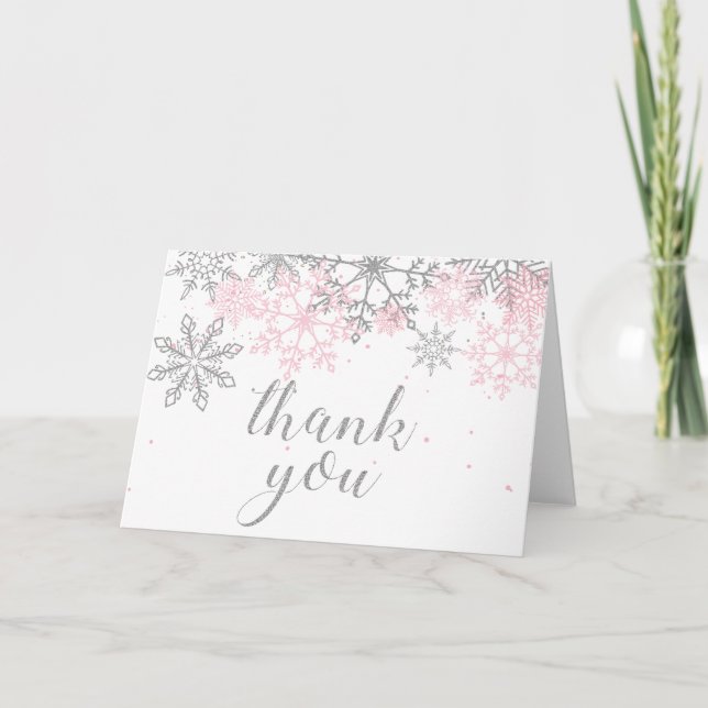 Winter Onederland Pink Silver snowflake thank you Card (Front)