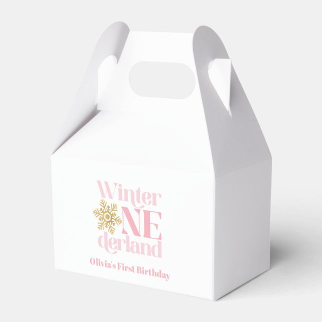 Winter Onederland Pink Snowflake 1st Birthday Favour Box (Front Side)