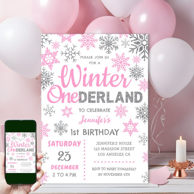 Winter Onederland | Pink Snowflake 1st Birthday Invitation (Creator Uploaded)