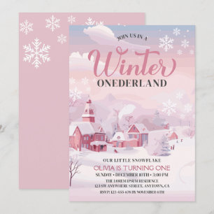 Winter Onederland  Pink Snowflake 1st Birthday Invitation