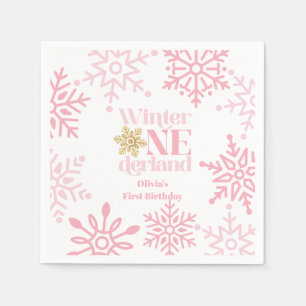 Winter Onederland Pink Snowflake 1st Birthday Napkin