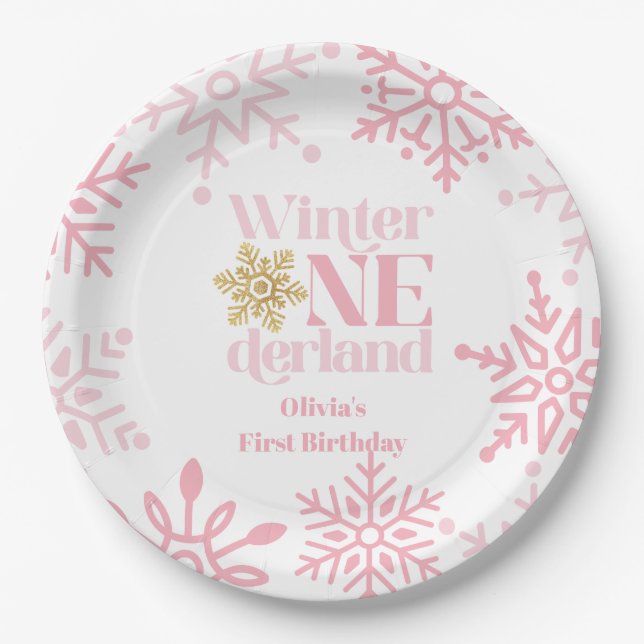 Winter Onederland Pink Snowflake 1st Birthday Paper Plate (Front)