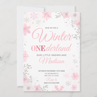 Winter ONEderland Pink Snowflake 1st Invitation