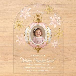 Winter Onederland Pink Snowflake Acrylic Invitations