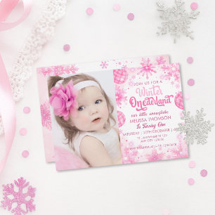 Winter Onederland Pink Snowflake Birthday Photo  Invitation
