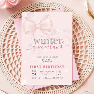 Winter Onederland Pink Snowflake Bow 1st Birthday Invitation