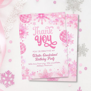 Winter Onederland Pink Snowflake First Birthday  Thank You Card