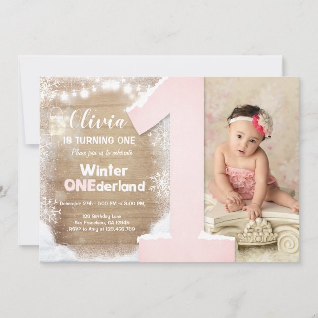 Winter Onederland Pink Snowflake Girl 1st Birthday Invitation (Front)