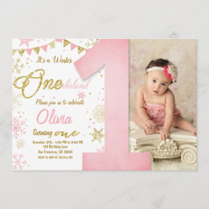 Winter Onederland Pink Snowflake Girl Birthday Invitation