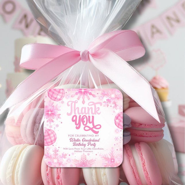 Winter Onederland Pink Snowflakes Thank You  Square Sticker (Creator Uploaded)