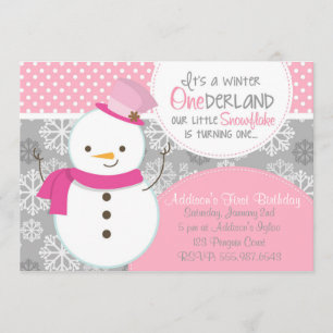 Winter ONEderland Pink Snowman Invitation