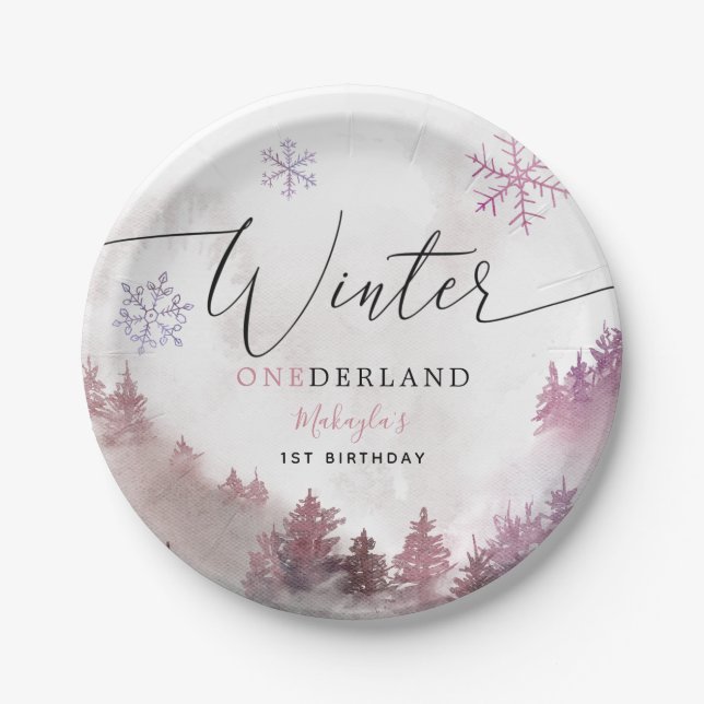 Winter ONEderland Pink Snowy Mountain Birthday Paper Plate (Front)