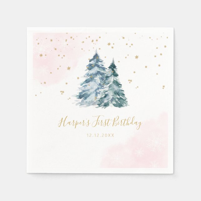 Winter Onederland Pink Snowy Pine Trees Napkin (Front)
